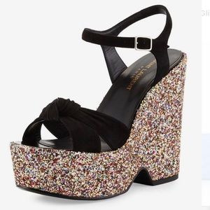 Saint Laurent Platform Glitter Wedge Sandals 39.5